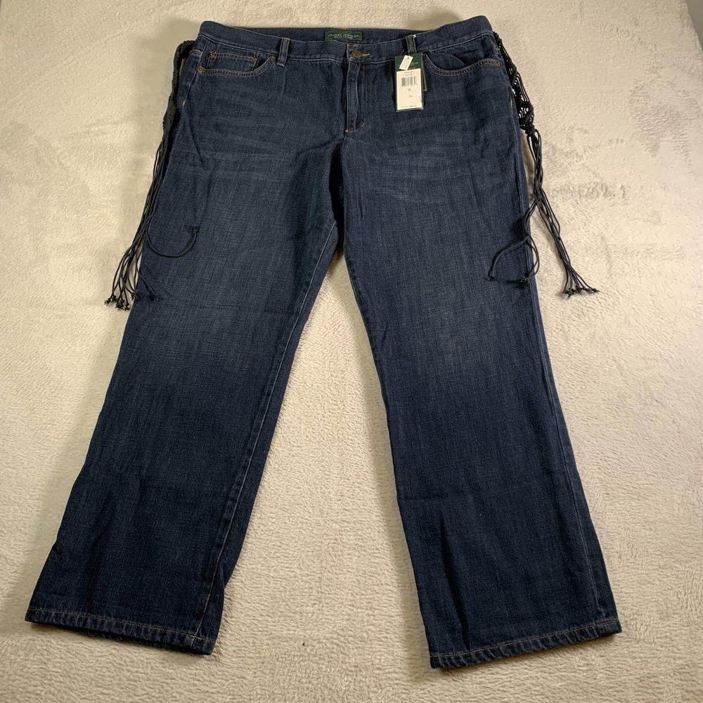 LRL Lauren Jeans Co Ralph Lauren Boyfriend Jeans Womens 16 Blue Fringe Trim NEW